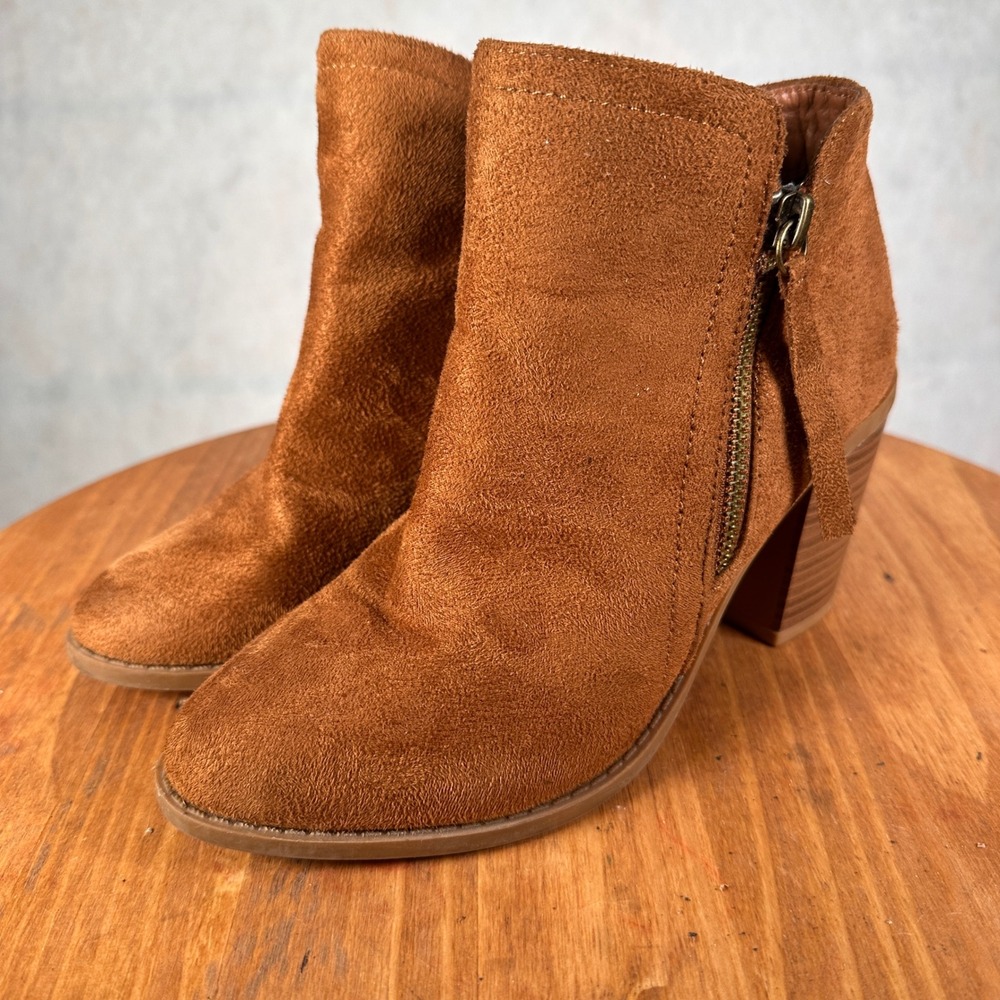 Top Moda Ankle Boots Women 6 Brown Good Faux Suede Tassel Zip Block Heel Booties